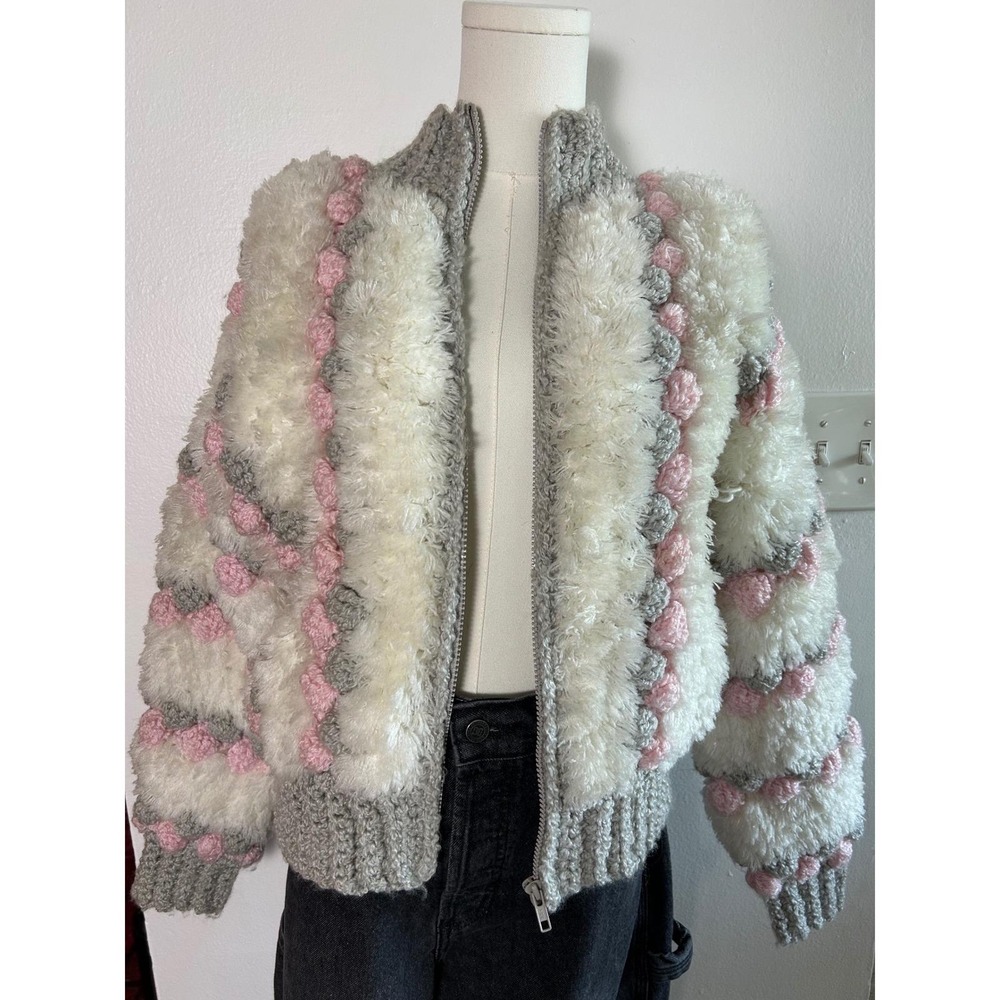 whimsical vintage 70's shaggy‎ knit pompom crochet jacket ~ needs repair - Picture 2 of 11